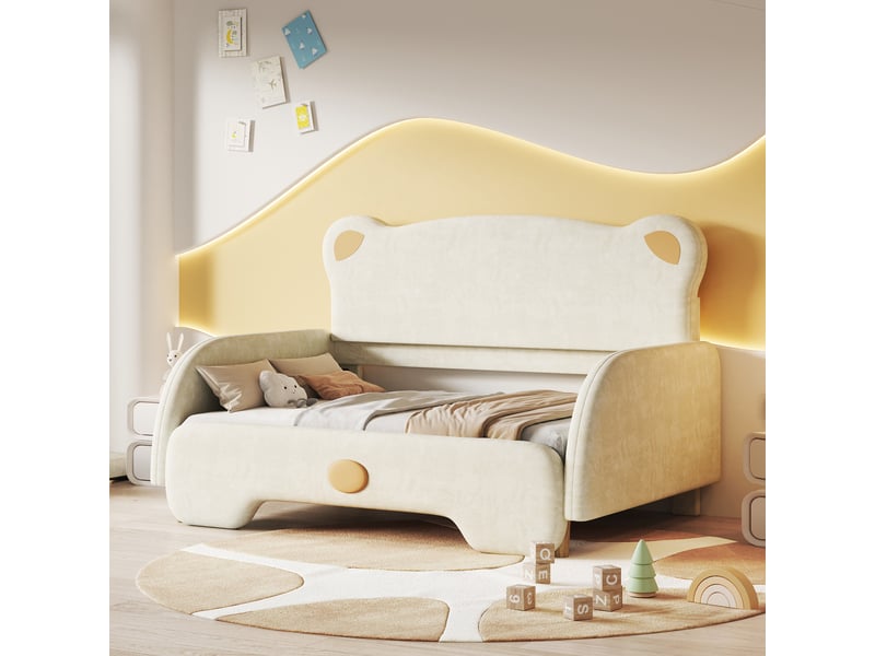  Lit gigogne enfant extensible 140x200 cm en velours beige design ours lit banquette avec sommier  - Conforama D