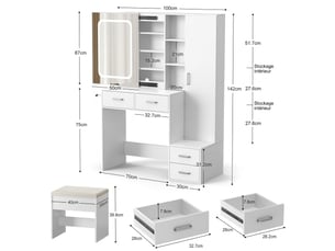 Coiffeuse blanche 100x40x142 cm avec miroir led coulissant et tabouret – table de maquillage avec armoire à bijoux, 4 tiroirs, étagères cachées et support sèche-cheveux – 3 modes d'éclairage réglables