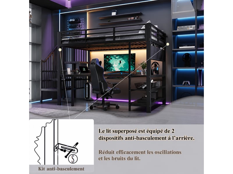 Lit mezzanine gaming 120 x 200 cm avec bureau en u, tablette clavier, prise eu, étagères et éclairage led, métal noir - Conforama E