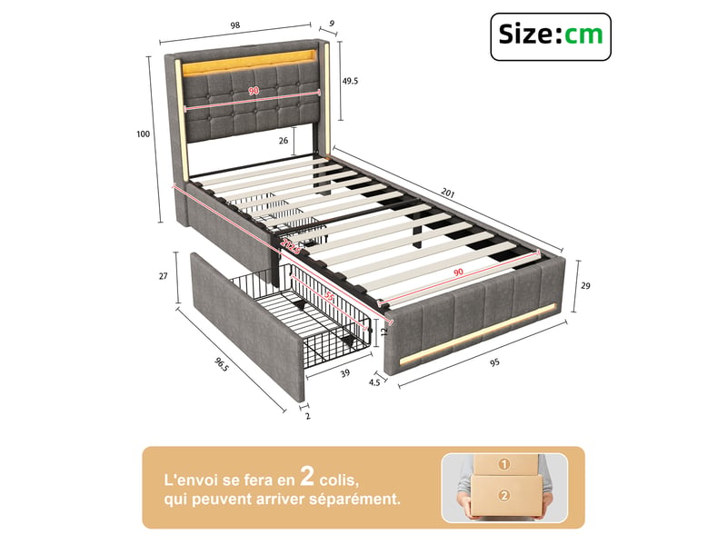  Lit rembourré 90 x 200 cm avec éclairage led, port de chargement usb, double tiroir, gris  - Conforama C