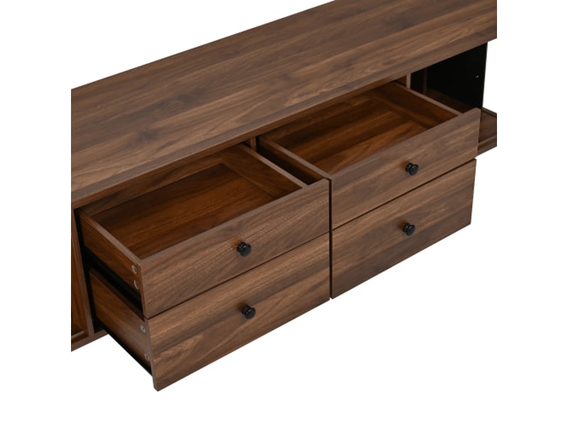  Meuble tv bas avec 4 tiroirs et 2 portes coulissantes, mdf, 165 × 40 × 46 cm, noyer  - Conforama E