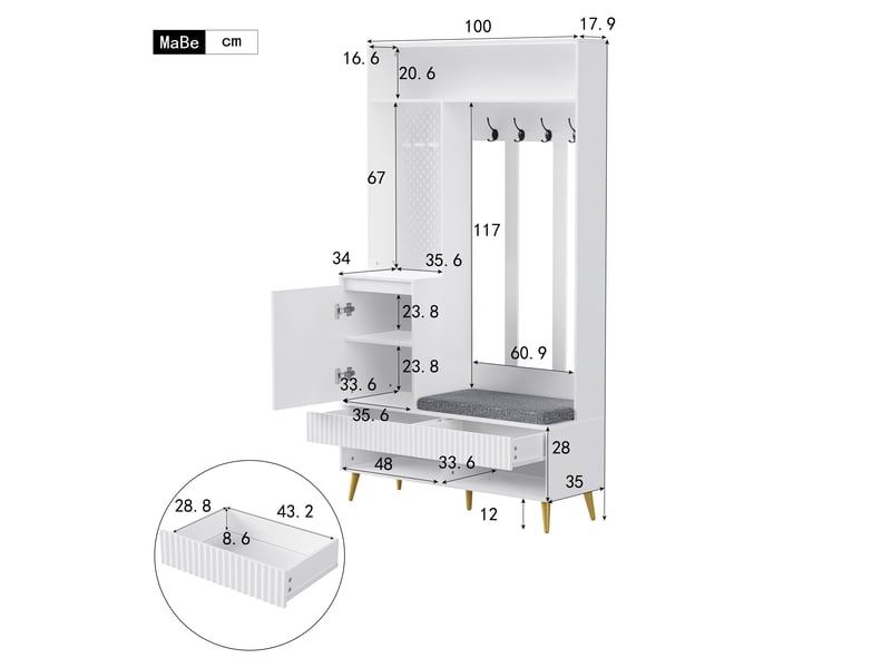  Porte-manteau, meuble d’entrée, vestiaire, portant, avec banc à chaussures, crochets, blanc-mdf RN Store - Conforama C