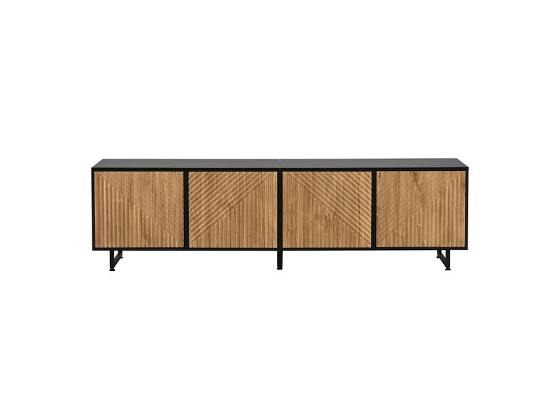  Meuble tv 4 portes en panneau de particules bois naturel et noir 180x40x50 cm - pangivo  - Conforama A