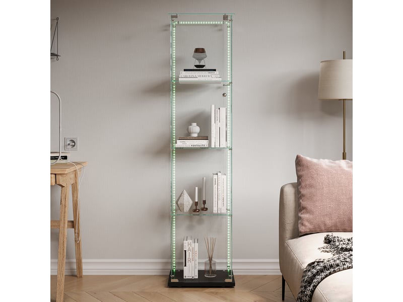  Vitrine en verre 4 niveaux simple porte - 39,8 x 35 x 163 cm - noir - armoire d'exposition avec ruban led et base noire  - Conforama E