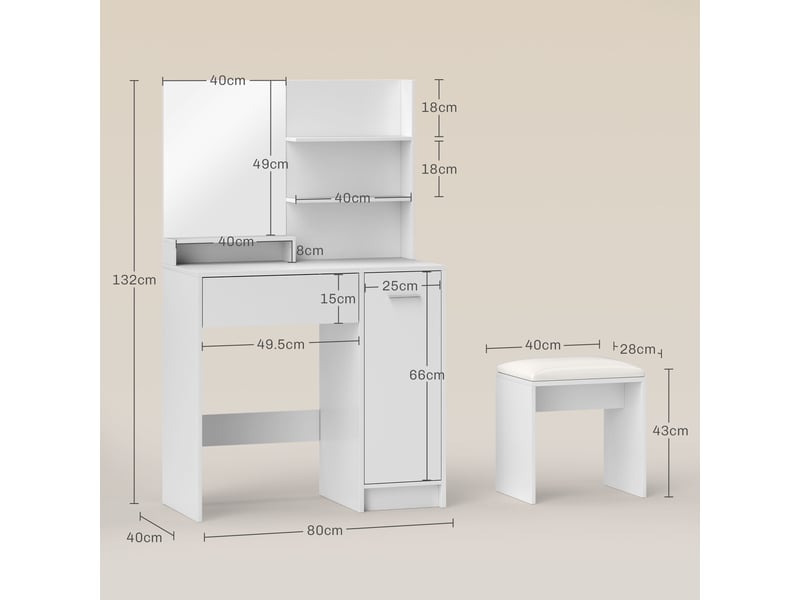  Coiffeuse blanche avec miroir et tabouret rembourré, 1 tiroir, 1 placard et 3 étagères ouvertes, 80 x 40 x 132 cm  - Conforama C