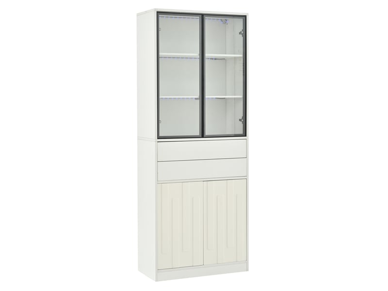  Vitrine haute led 70x34x180 cm – blanc mat – 2 tiroirs, portes en verre, éclairage bluetooth usb  - Conforama A