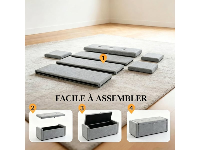  Banc de rangement gris clair 122 cm avec coffre, bout de lit aspect lin  - Conforama E