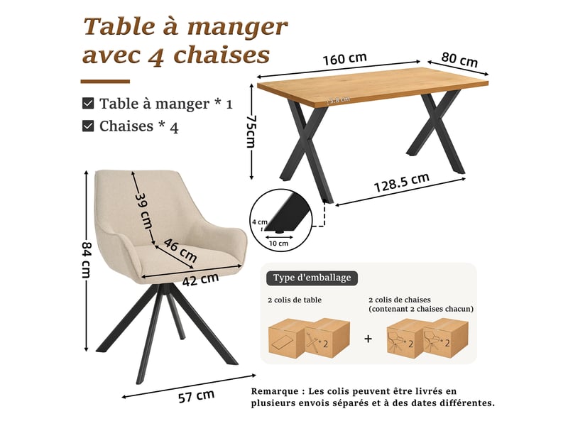  Ensemble table et 4 chaises - table rectangulaire 160x80 cm monobloc en chêne sauvage et pieds métal, 4 chaises en tissu beige et pieds métal  - Conforama C
