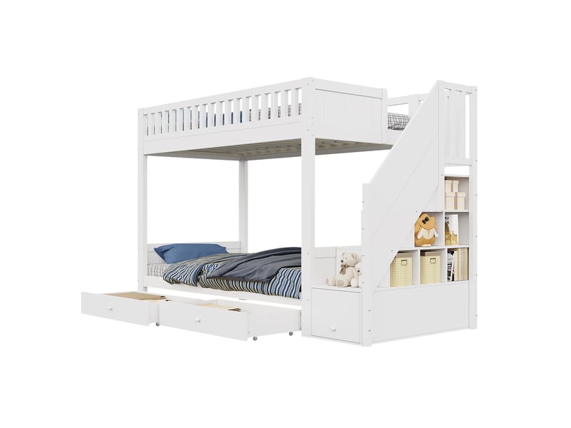  Lit superposé avec escalier de rangement et 2 tiroirs, blanc, 90 × 200 cm  - Conforama A