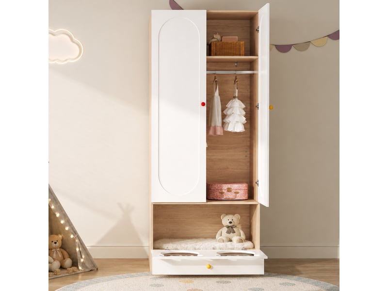  Armoire enfant 80x50x200 cm - 2 portes, penderie, étagères, tiroirs, design ours, blanc et bois  - Conforama B