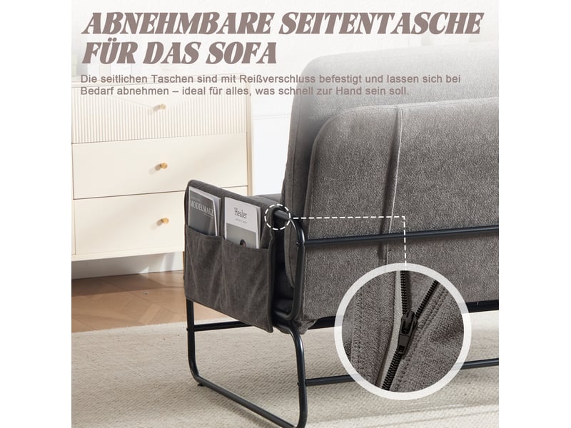 Canapé convertible 2 places avec poches latérales et coussin lombaire, structure en métal, chenille gris - Conforama E