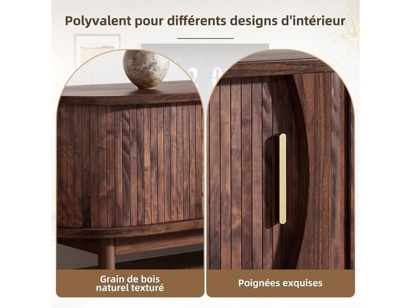  Meuble tv ovale 180 x 40 x 40 cm bois clair mdf effet rotin 2 portes 2 portes coulissantes salon  - Conforama D