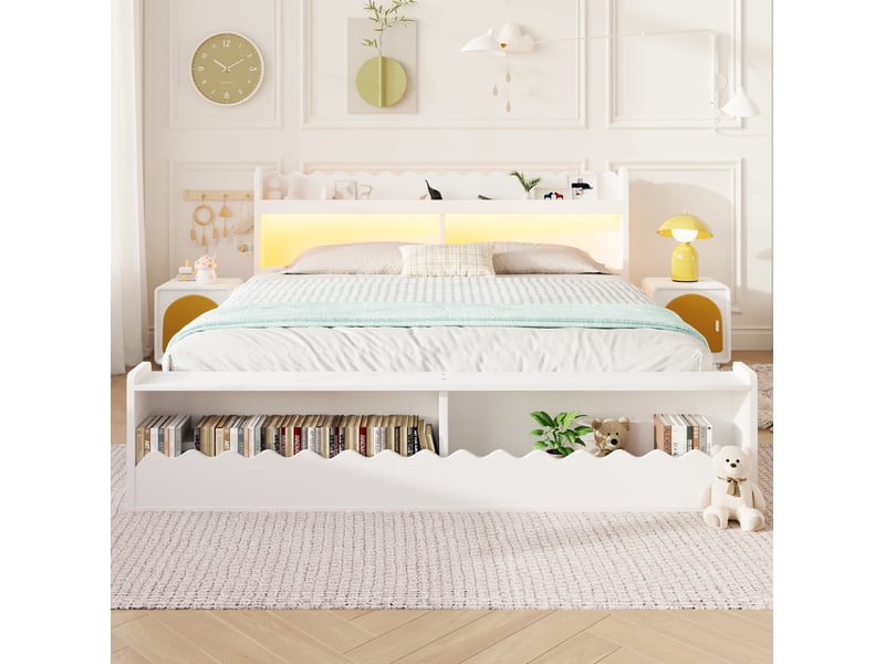  Lit 140x200 cm avec lit gigogne 90x190 cm, rangements et led, blanc  - Conforama E