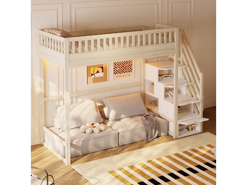 Lit mezzanine 90 x 200 cm - avec échelle de sécurité - avec barrières de sécurité - avec éclairage led - naturel (matelas non inclus)  - Conforama R