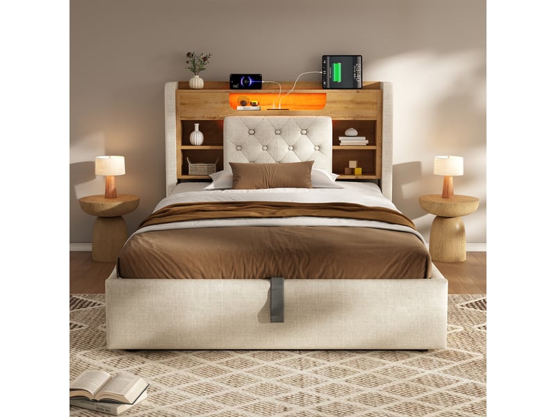  Lit coffre 90 × 200 cm, lin, beige, led, usb-c IKSETERA TRADING LTD - Conforama D