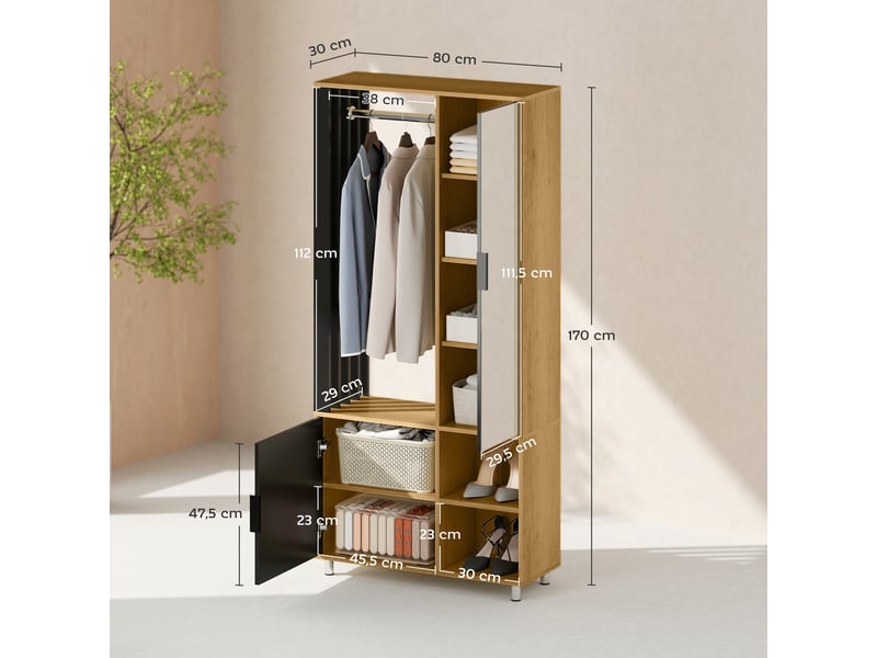  Armoire chambre penderie avec miroir, compartiments ouverts, placard et tringle de suspension, 80 x 30 x 170 cm, naturel  - Conforama D