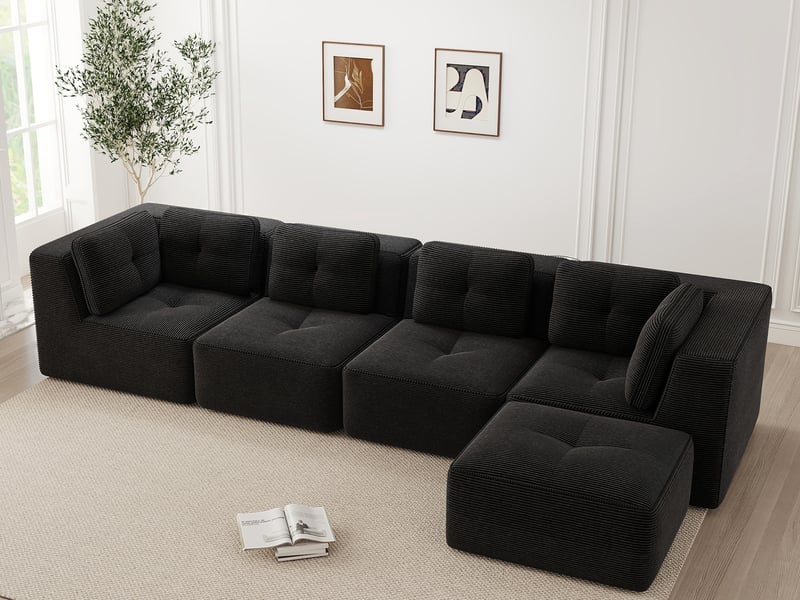  Canapé modulable 4 places en velours côtelé noir, sans montage  - Conforama B