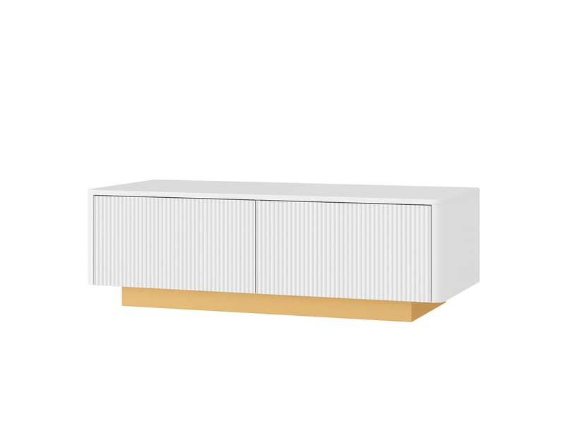Meuble tv bas avec table basse 2 pièces blanc en mdf et panneaux de particules, façades rainurées, rangement, salon moderne - Conforama W