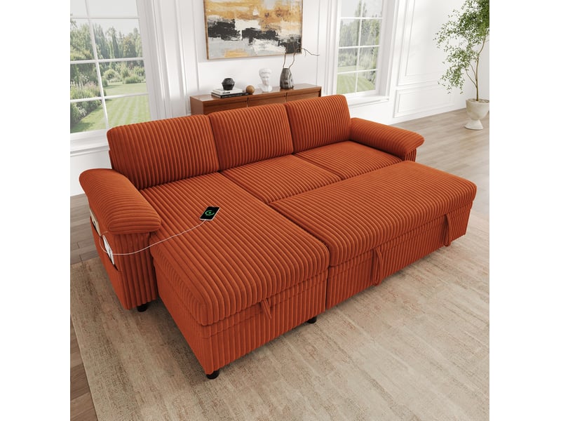  Canapé d'angle 3 places 214x138,5x89 cm convertible avec rangement orange  - Conforama E