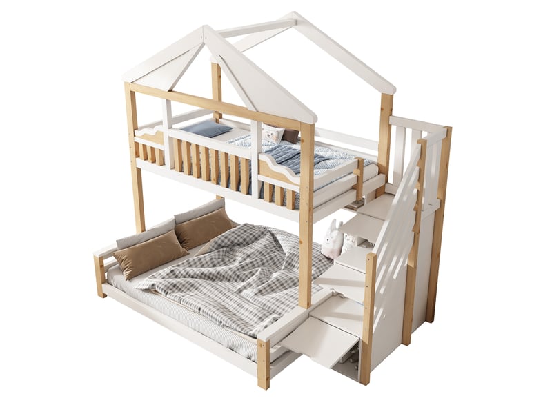Lit superposé enfant 90×200 + 140×200 cm maison en bois avec toit diamant, escalier coffre, étagères murales et sommier - blanc et bois naturel - Conforama A