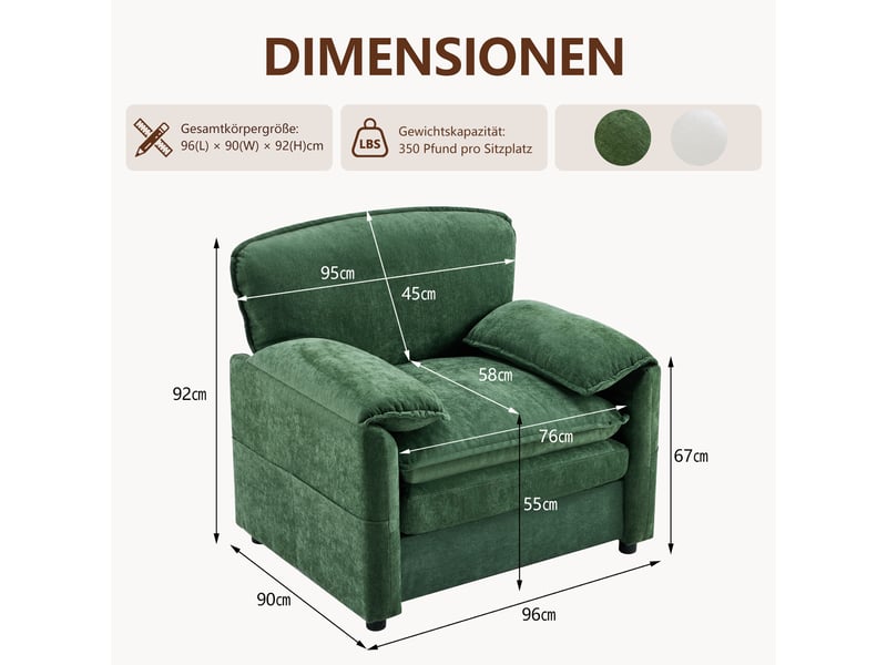 Fauteuil chenille vert foncé rétro avec double poche de rangement, structure bois et ressorts, dimensions 96x92x90 cm  - Conforama C