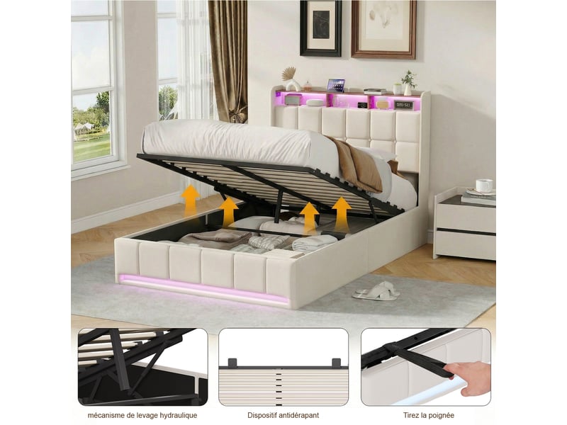  Lit adulte coffre 140x190 cm avec rangement intégré et tête de lit à ailes, lit 2 places avec niche de rangement, tissu lin beige, sans matelas  - Conforama W