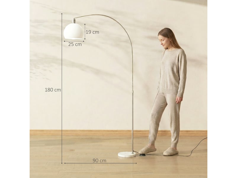  Lampadaire, tête incurvée, interrupteur au pied, base en marbre, abat-jour en plastique, blanc  - Conforama E