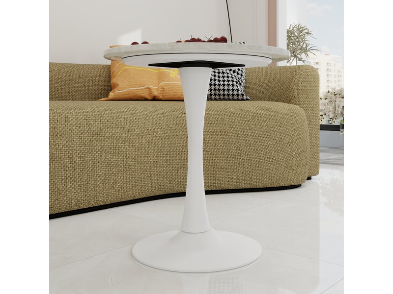  Table basse ronde 70x70x72cm style moderne du milieu du siècle, pieds hauts, marbre reconstitué, blanc  - Conforama W