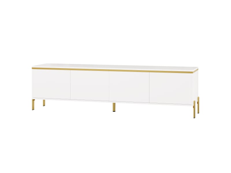  Meuble tv moderne laqué brillant à 4 portes, passe-câbles, bande de chant dorée - rangement salon  - Conforama A