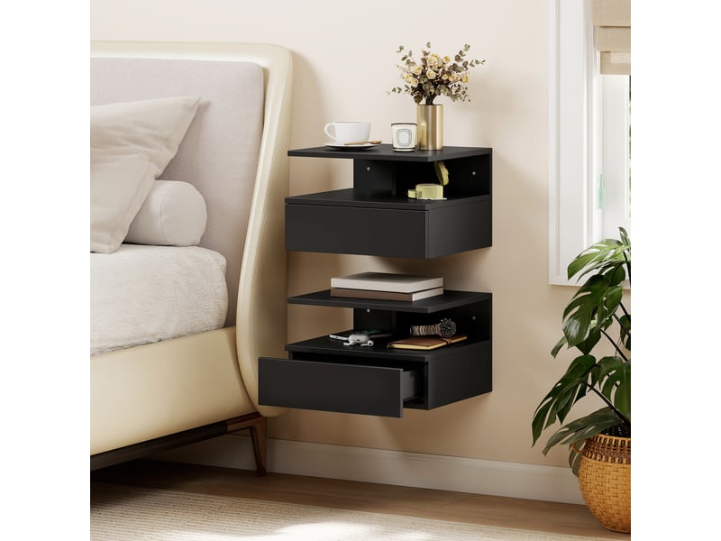  Lot de 2 tables de chevet murales, tables de nuit suspendues avec tiroir, étagère ouverte, noir, 35x32x22,5cm  - Conforama D