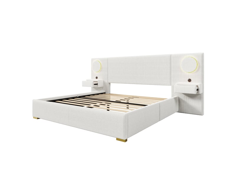  Lit pour adulte de 180 x 200 cm, avec tête de lit à led, port usb et table de chevet, en velours, beige  - Conforama E