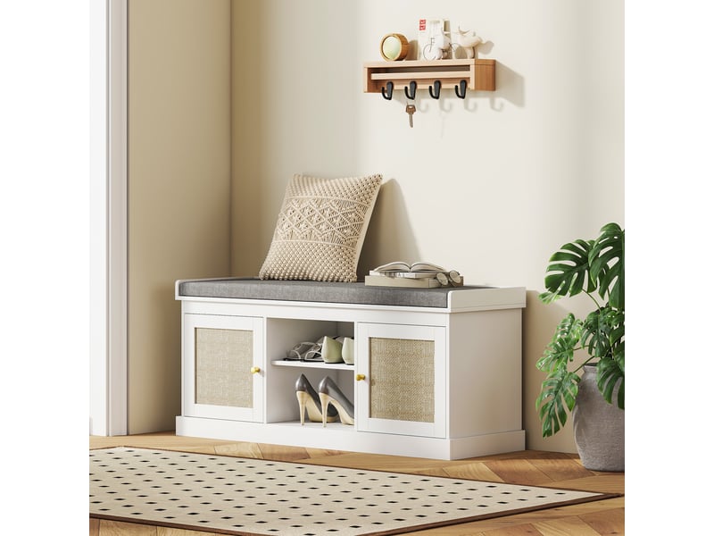  Banc à chaussures avec portes avant en rotin, étagères réglables et ouvertes pour entrée ou chambre, 105 x 35 x 47 cm, blanc  - Conforama D