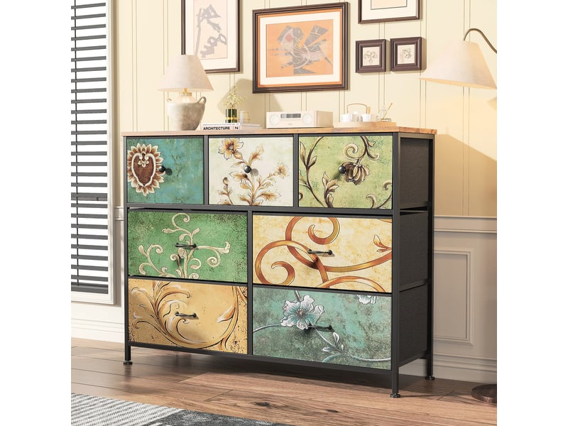 Commode 7 tiroirs aux motifs rétro - 100 x 30 x 78 cm-multicolore - meuble de rangement avec structure en acier et tiroirs en tissu - Conforama C