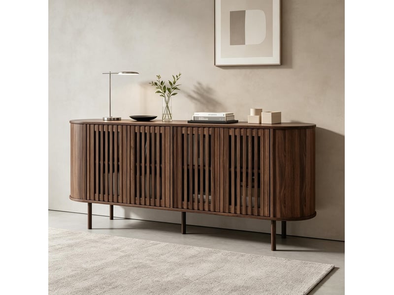  Buffet 160 x 40 x 70 cm avec 4 portes coulissantes ajourées, mdf coloris noyer, étagères réglables, pieds en métal noir  - Conforama D