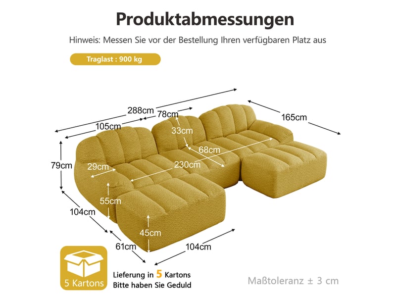 Canapé panoramique coquille 3 places, 2 poufs jaune – 288 x 165 x 79 cm Fay Lum - Conforama C