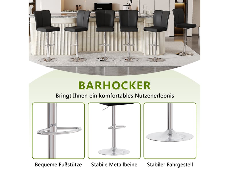  Lot de 2 tabourets de bar réglables,63x85 cm,similicuir et métal argenté,noir  - Conforama D
