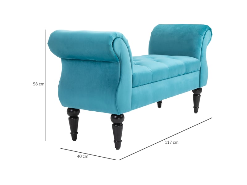  Banc de chevet style vintage, structure en bois et assise chesterfield rembourrée, bleu 117 x 40 x 58 cm  - Conforama E