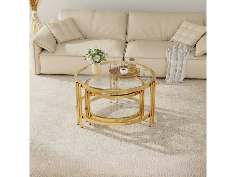  Table basse ronde pour salon avec plateau en verre amovible ø80×h45 &amp; ø60×h35 cm, pieds en métal galvanisés  - Conforama B
