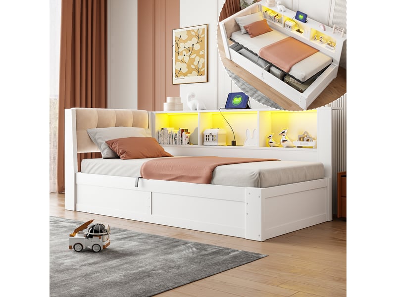 Canapé-lit 90x200 cm, lit enfant, couchage d'appoint, rangement hydraulique, étagères, led, port usb, lin blanc - Conforama A