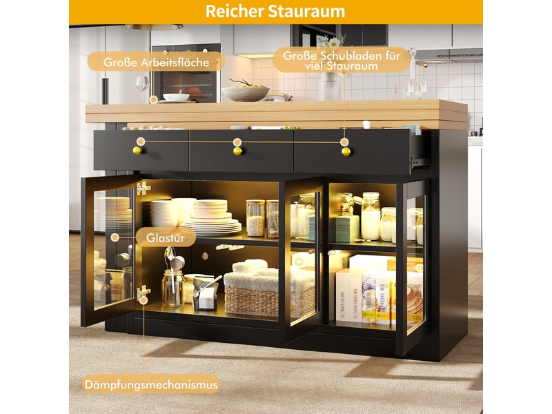 Îlot de cuisine noir extensible 120–200cm avec led, 3 tiroirs, portes vitrées et contrôle par appli - Conforama D