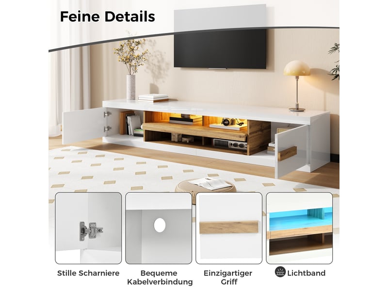  Meuble tv,200x40x38 cm,2 portes et led,panneau de particules,blanc  - Conforama E