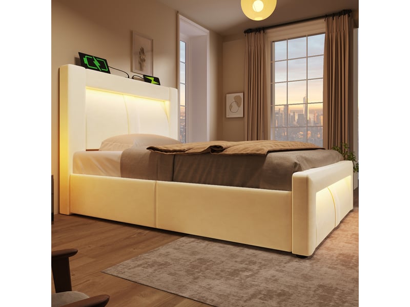  Lit coffre beige 90x200 cm avec sommier relevable hydraulique et sans matelas  - Conforama W