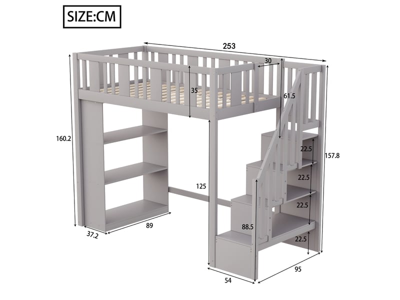  Lit mezzanine 90x200 cm - lit enfant gain de place avec échelle, tiroirs fonctionnels et espace de rangement optimisé - pin et mdf - gris  - Conforama C
