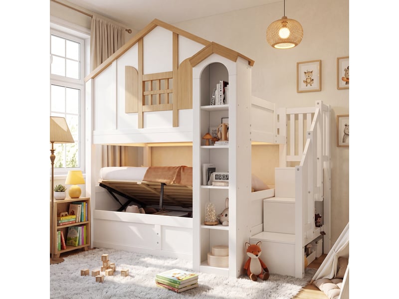  Lit superposé 90x200 cm, lit enfant, rangement hydraulique, escalier avec rangement, led, bois de pin blanc, style cabane  - Conforama E