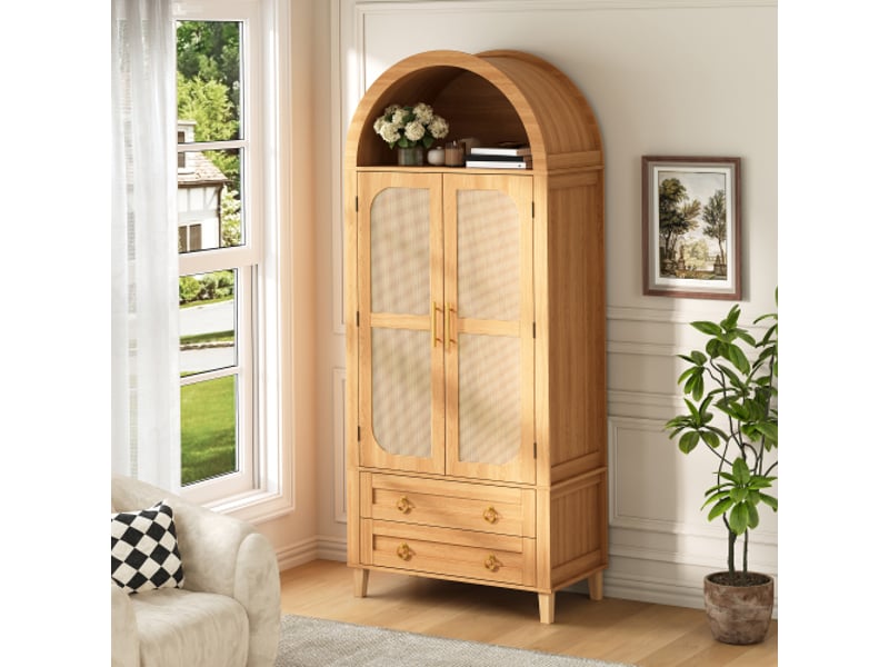 Armoire haute arquée 76x40x179,5 cm naturel, niche led via application, 2 portes effet rotin avec organiseurs, 2 tiroirs, mdf et panneaux - Conforama D