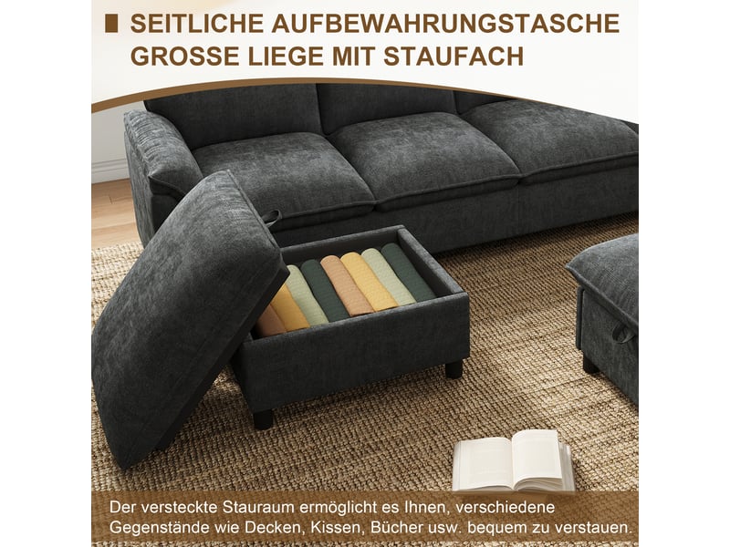  Canapé modulable noir en chenille, 264,5 × 142,5 × 84 cm, avec rangement et 2 poufs mobiles, à assise profonde  - Conforama C