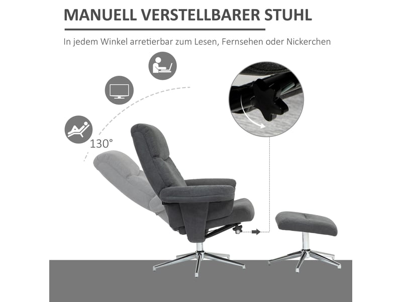 Fauteuil relax avec pouf inclinable jusqu’à 130° en polyester avec structure en bois et pieds en acier, gris foncé - Conforama D