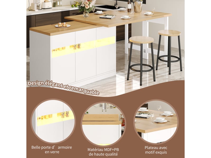 Table de bar extensible 120-180 x 40 x 71.5 cm - éclairage led - rotation 360° - espace de rangement - blanc  - Conforama E