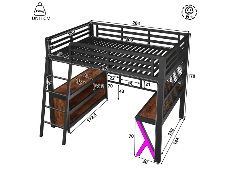  Lit mezzanine 140x200 cm, bureau, bandeau led, armoire de rangement, sans matelas, noir  - Conforama C