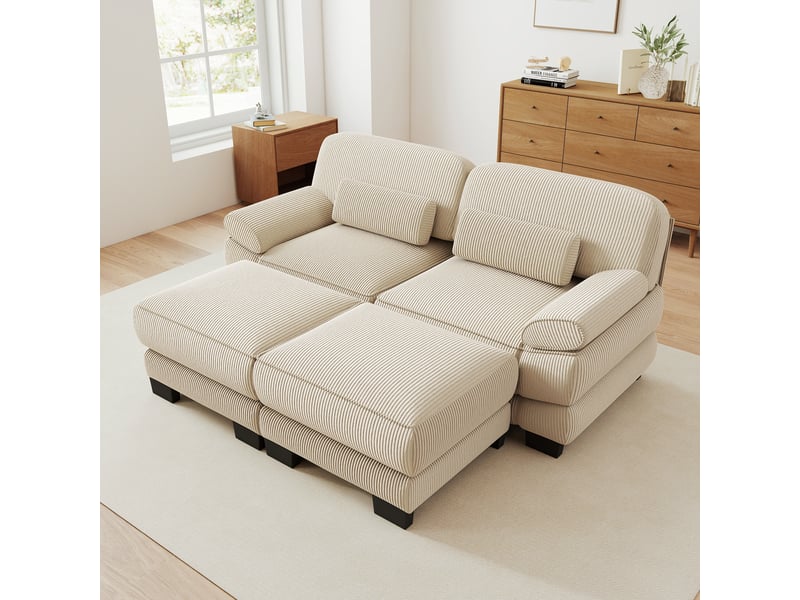 Canapé modulable 2 places en velours côtelé beige, avec 2 poufs, assise profonde, coussin lombaire, 194×161×94 cm - Conforama B